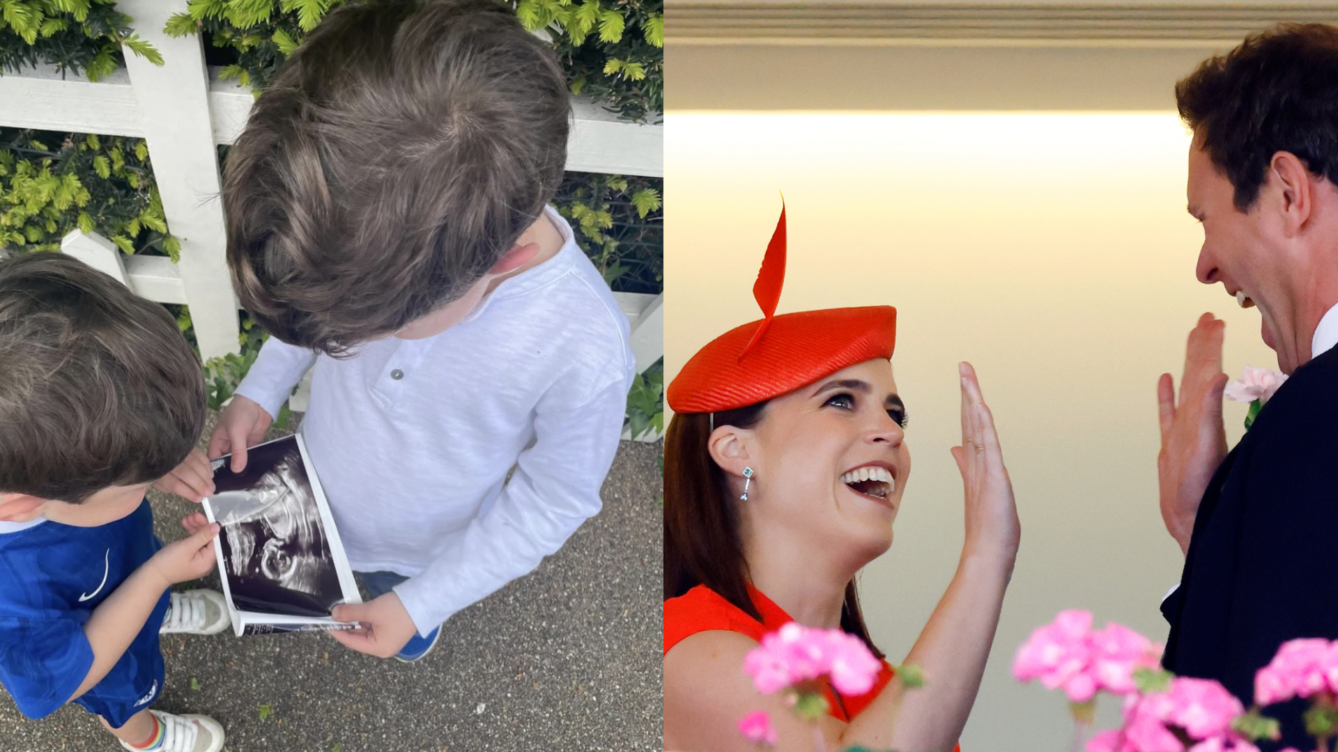 August and Ernest Brooksbank holding an ultrasound; Jack Brooksbank and Princess Eugenie high-fiving
