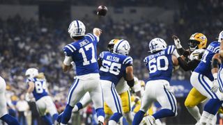 INDIANAPOLIS, IN - AUGUST 16: Indianapolis Colts Quarterback Daniel Jones (17) passes during the NFL preseason game between the Green Bay Packers and the Indianapolis Colts on August 16, 2025, at Lucas Oil Stadium in Indianapolis, Indiana. (Photo by Michael Allio/Icon Sportswire via Getty Images)