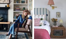 A split-screen image showing interior designer Jessica Adams in a stylish living area on the left, and a close-up of a vibrant, textured bedroom design on the right.