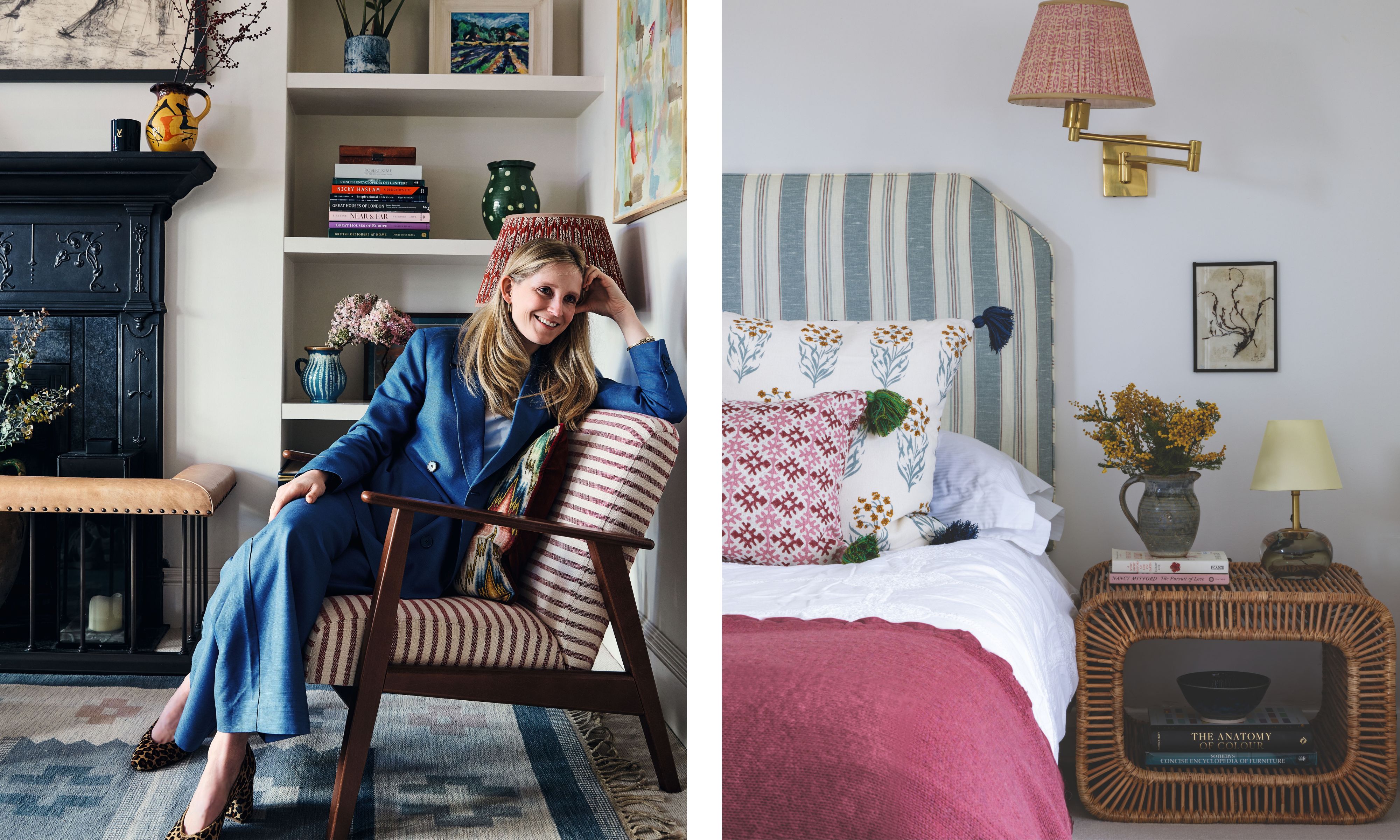 A split-screen image showing interior designer Jessica Adams in a stylish living area on the left, and a close-up of a vibrant, textured bedroom design on the right.