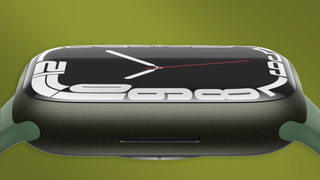 A render of a green Apple Watch 7 on a green background