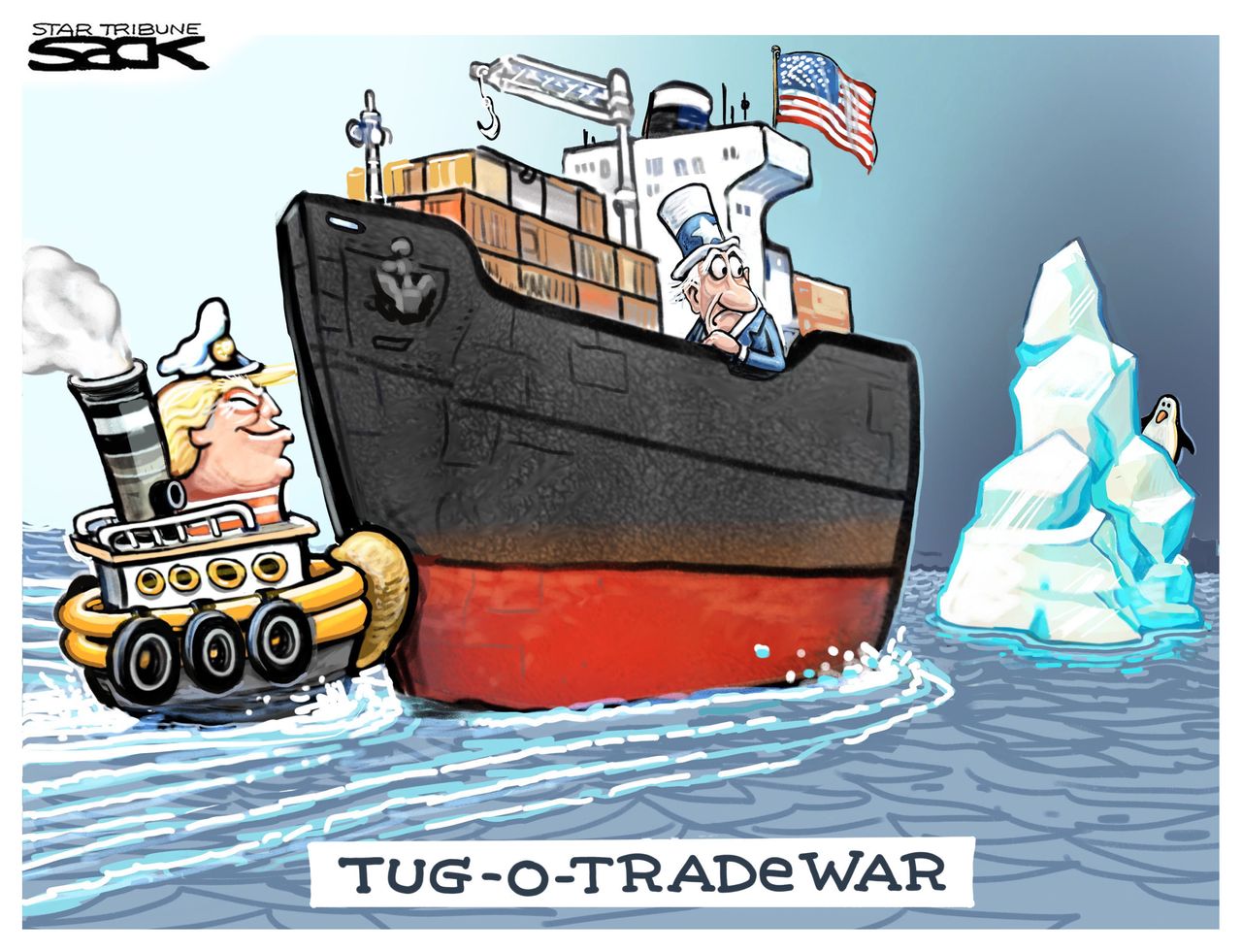 Political cartoon U.S. Trump trade war tariffs