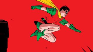 DC Comics artwork of Dick Grayson as Robin leaping in the air