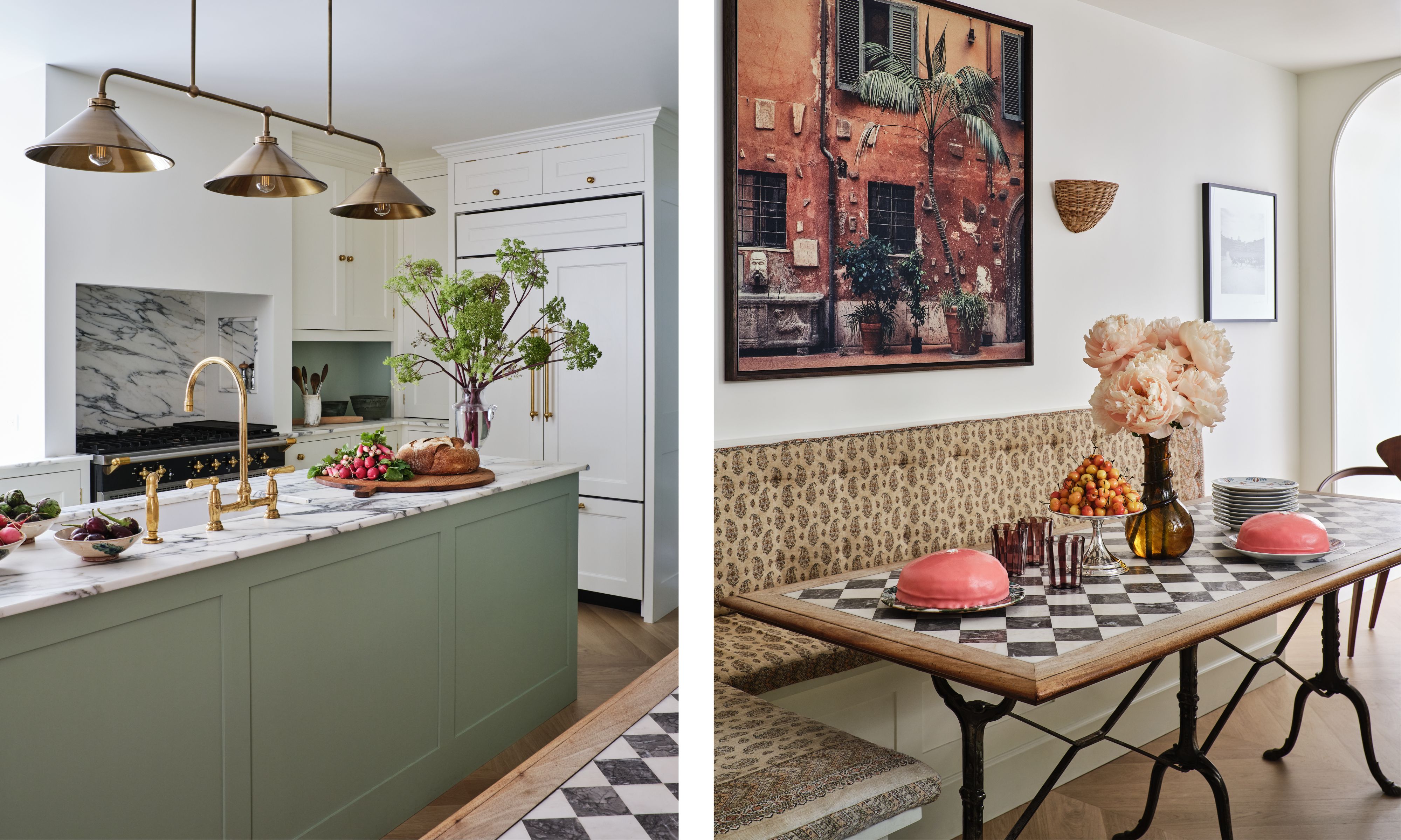 side by side images of a white and soft green kitchen and a banquette breakfast nook with checkerboard tiles table