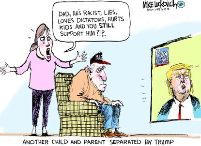Political cartoon U.S. Trump family separation father daughter racism immigration policy Fox News