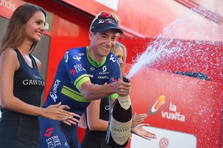 Jens Keukeleire (Orica-BikeExchange) sprays a bottle of champagne from the podium after winning stage 12 at the Vuelta a espana