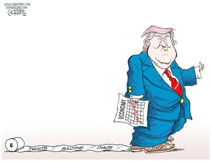 Political cartoon U.S. Trump economy toilet paper bullying chaos tweets