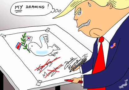 Political cartoon U.S. Trump Korea Summit Kim Jong Un Moon Jae in