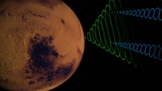 An artist's depiction of InSight's signal, in green, being converted by the MarCO into their own signals, in blue.