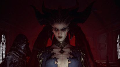 Diablo 4's villain Lilith walks toward the screen in a dark church 