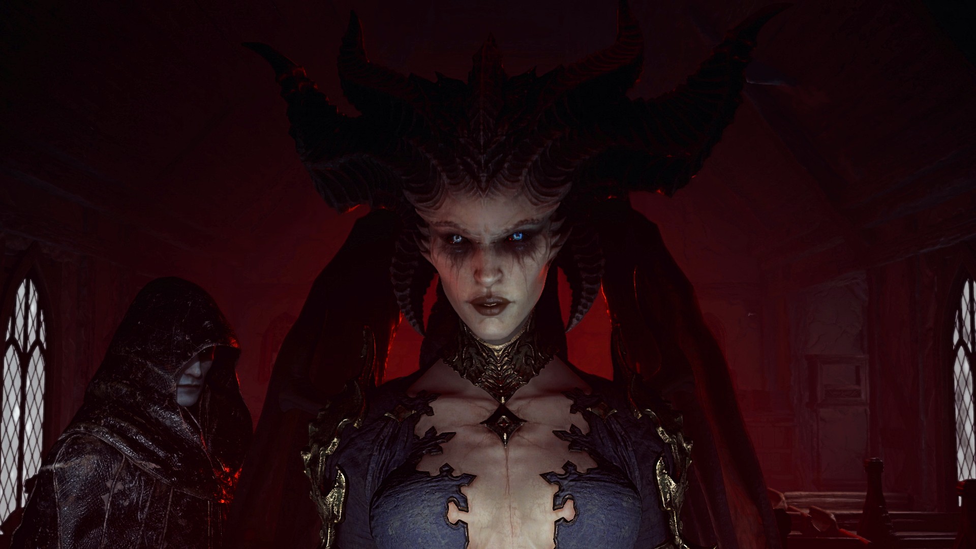Diablo 4's villain Lilith walks toward the screen in a dark church 