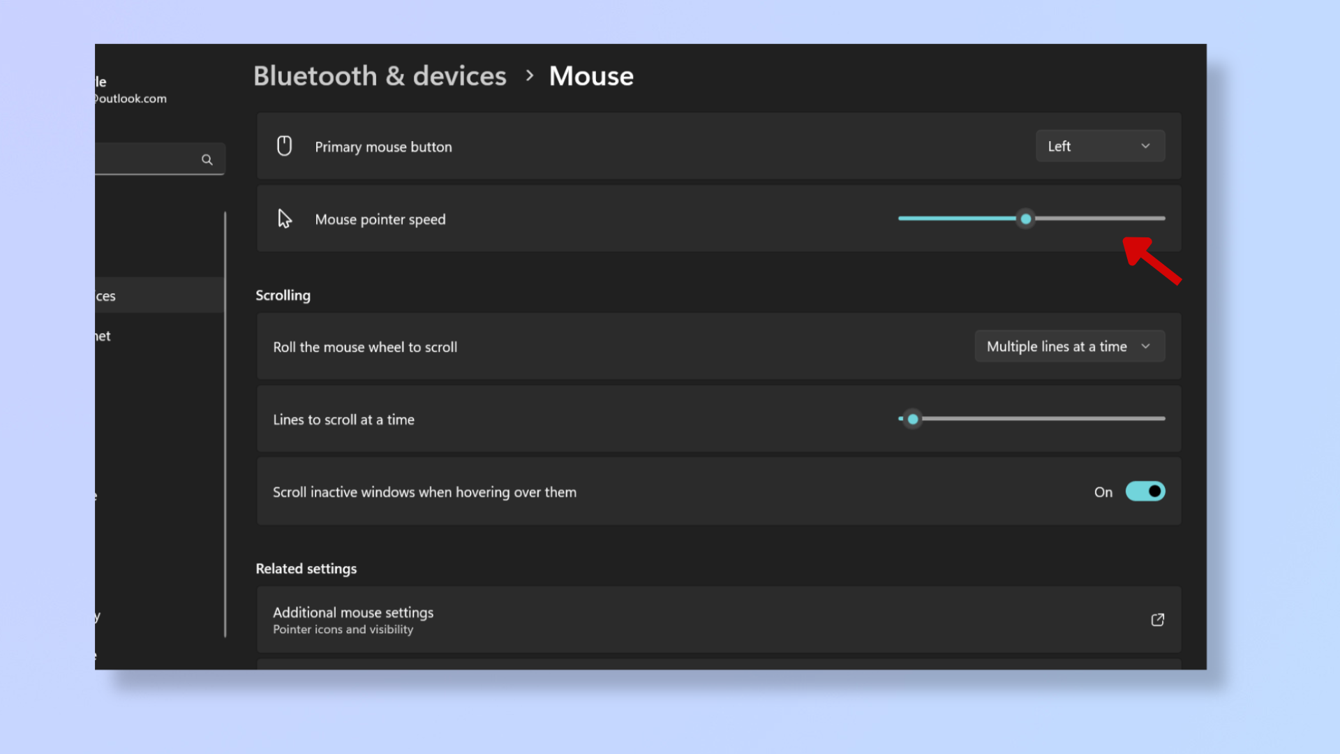 A screenshot of the Windows Mouse Settings, with a red arrow pointing at the slider beside Mouse pointer speed. 