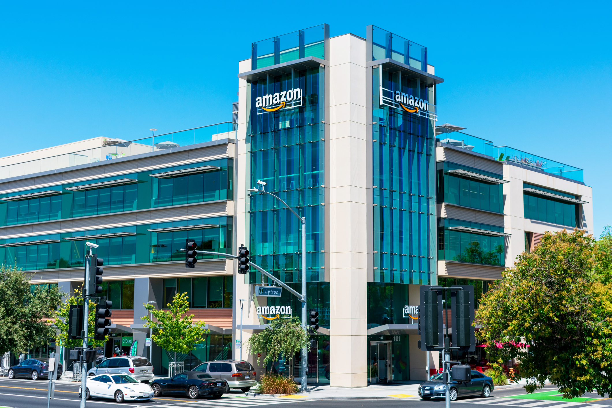 Urban cityscape around Amazon.com e-commerce company campus in Silicon Valley.