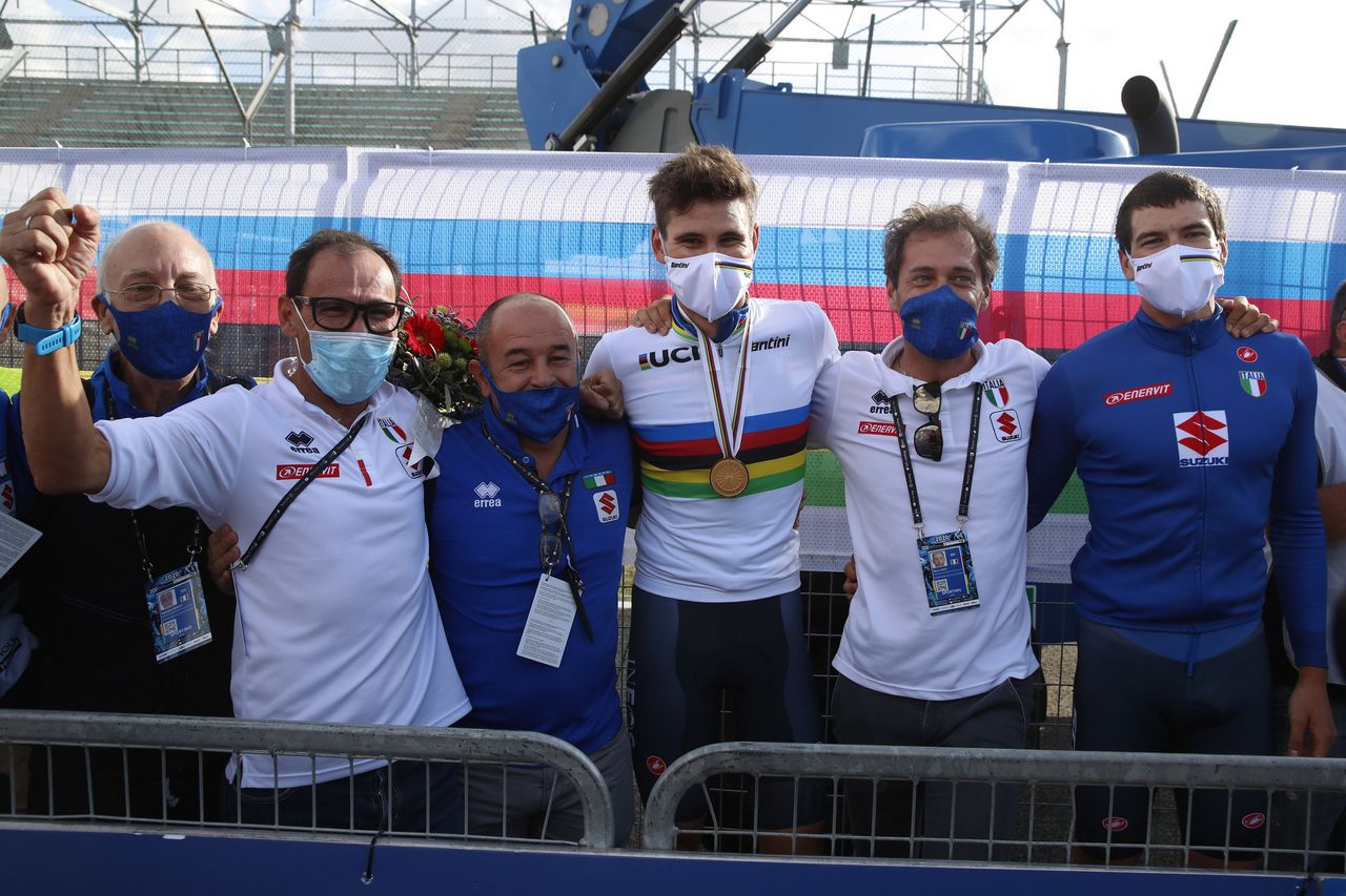 Road World Championships Imola 2020 Men Elite Time Trial Imola Imola 317 km 25092020 Davide Cassani ITA CT Marco Villa ITA CT Filippo Ganna Italy Marco Velo ITA Edoardo Affini Italy photo Luca BettiniBettiniPhoto2020