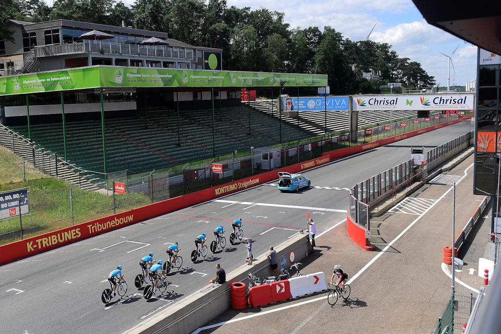 Astana riders in formation during team time trial practice in Zolder