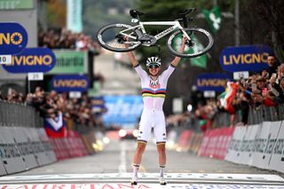 COMO ITALY OCTOBER 12 Tadej Pogacar of Slovenia and UAE Team Emirates celebrates at finish line as race winner during the 118th Il Lombardia 2024 a 255km one day race from Bergamo to Como UCIWT on October 12 2024 in Como Italy Photo by Tim de WaeleGetty Images