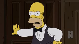 Homer in suit vest and bowtie arguing with Marge in Scotland on The Simpsons