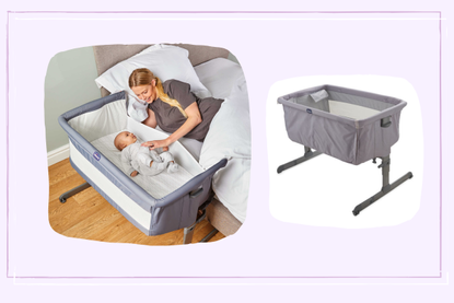 A collage of two images depicting the Chicco Next2Me bedside crib, an Aldi Specialbuy
