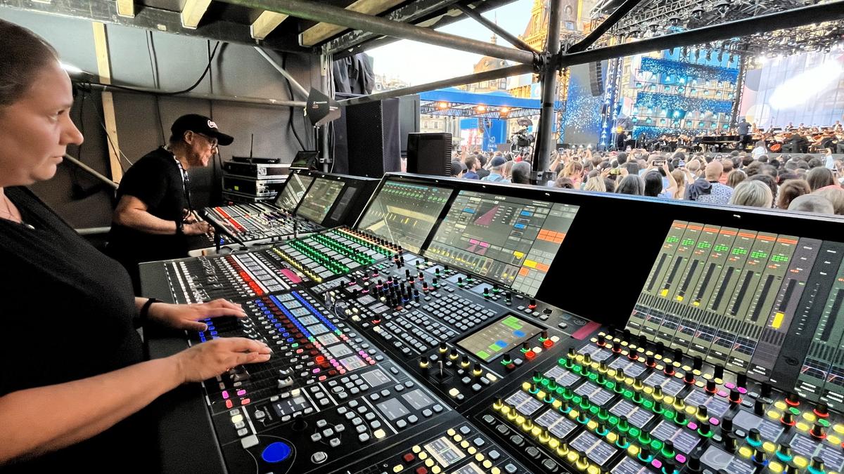 Lawo control with a view of the live stage at the concert