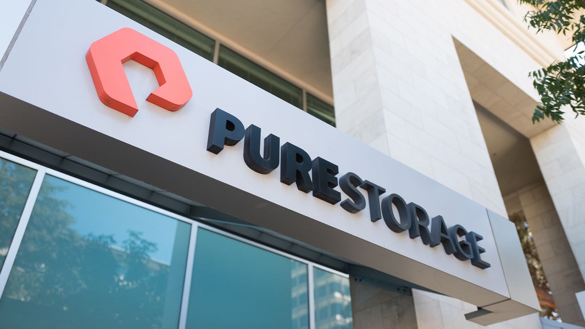 Pure Storage logo and branding pictured on a sign outside the company&#039;s office in Mountain View, California.