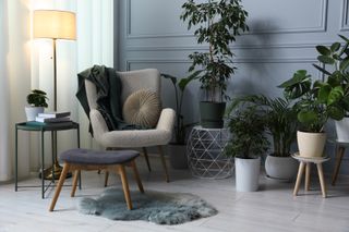 A living room is lit up by a standing lamp and filled with grey and sea green-shaded modern furniture.