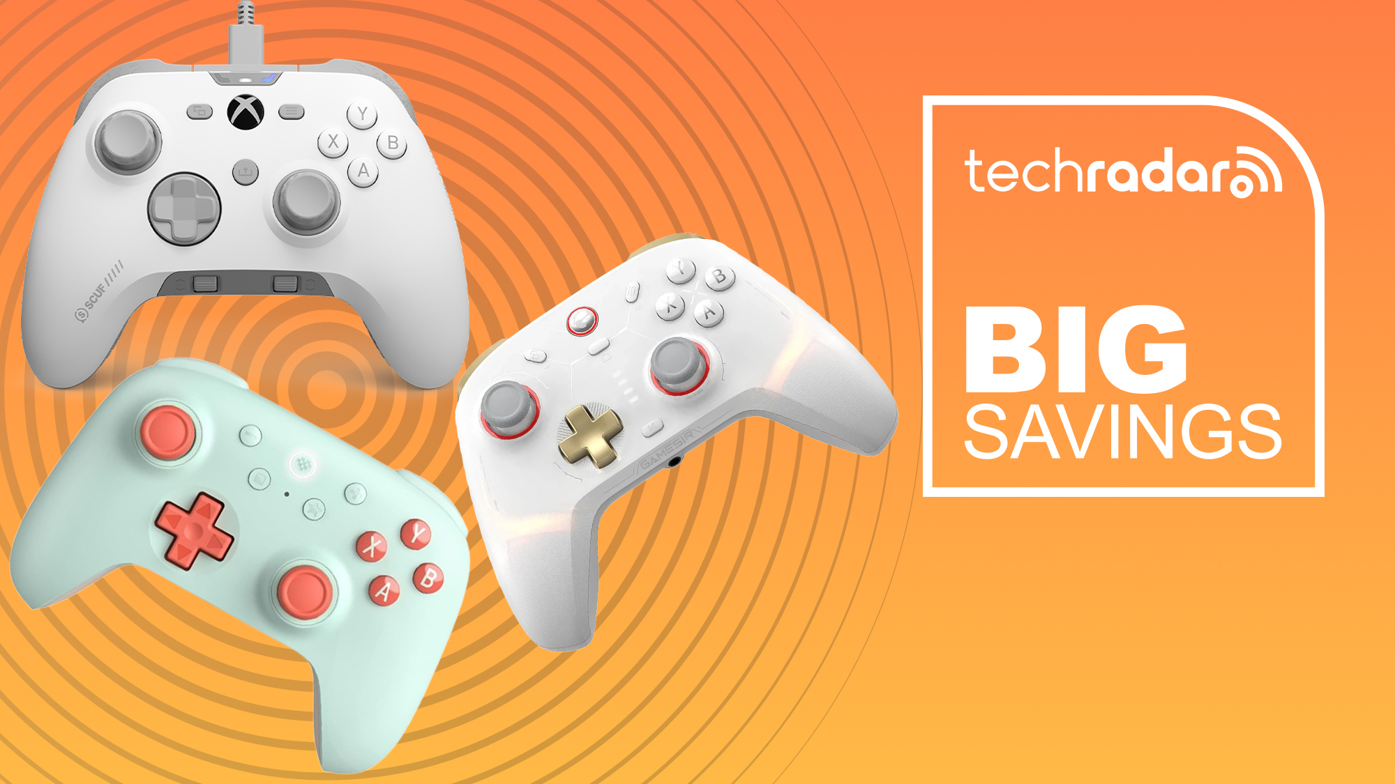 Three gaming controllers on an orange background