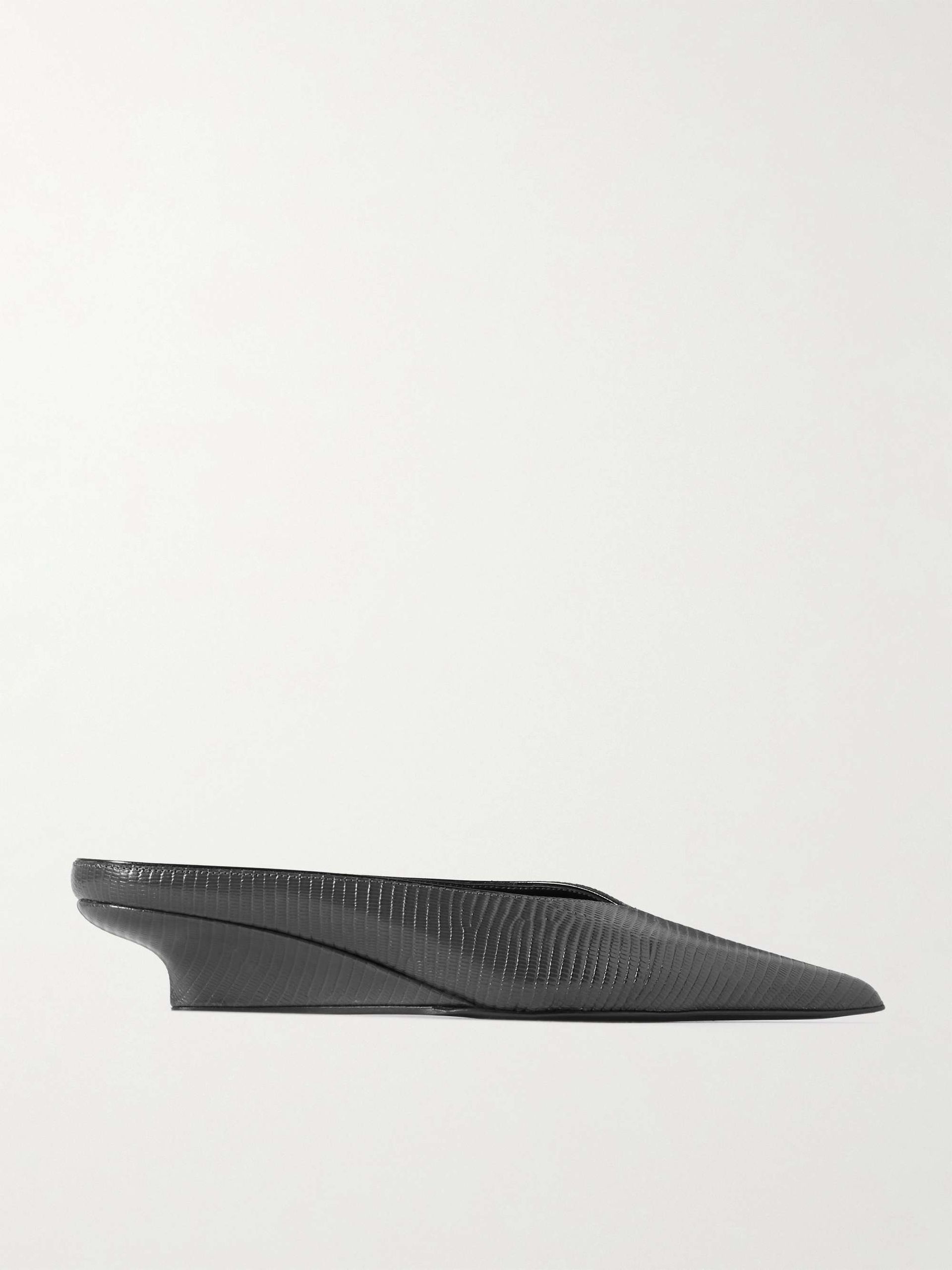 Lizard-Effect Leather Wedge Mules