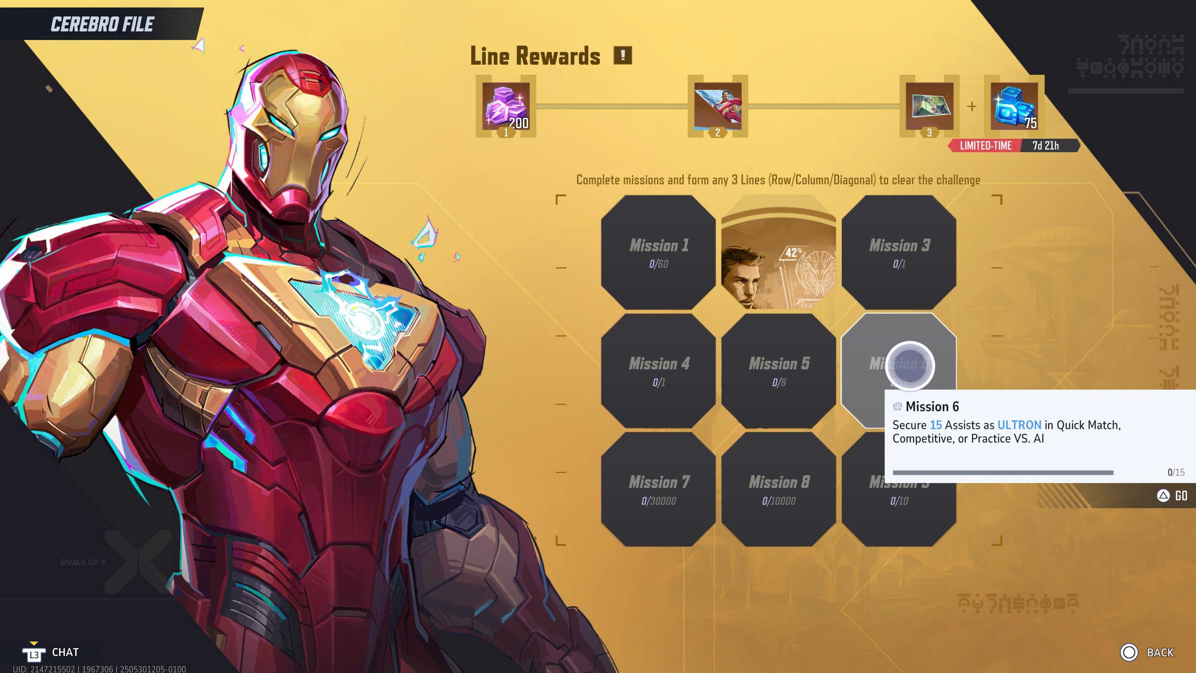 The Cerebro Event II menu showing Iron Man and a list of challenges
