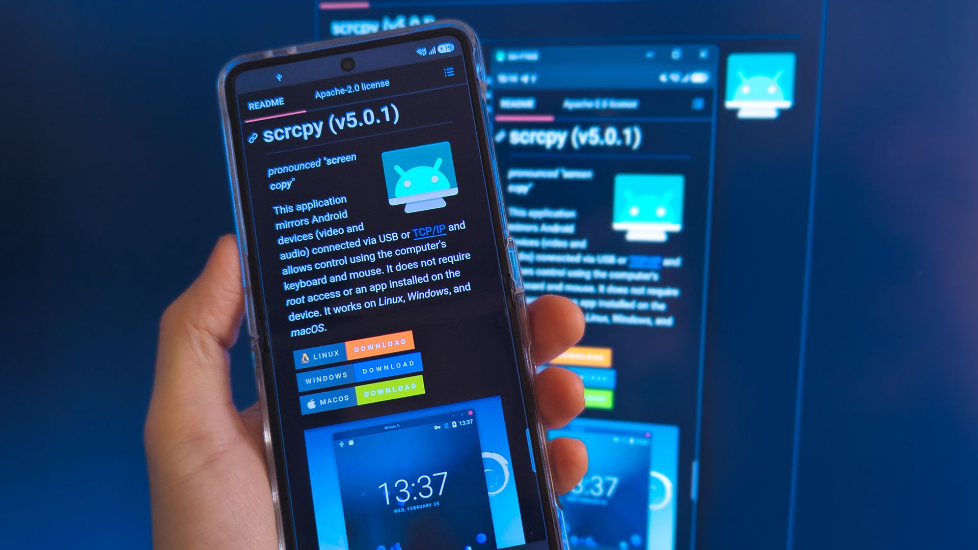 scrcpy shown on GitHub via a Samsung Galaxy Z Flip 7 smartphone and a desktop browser window