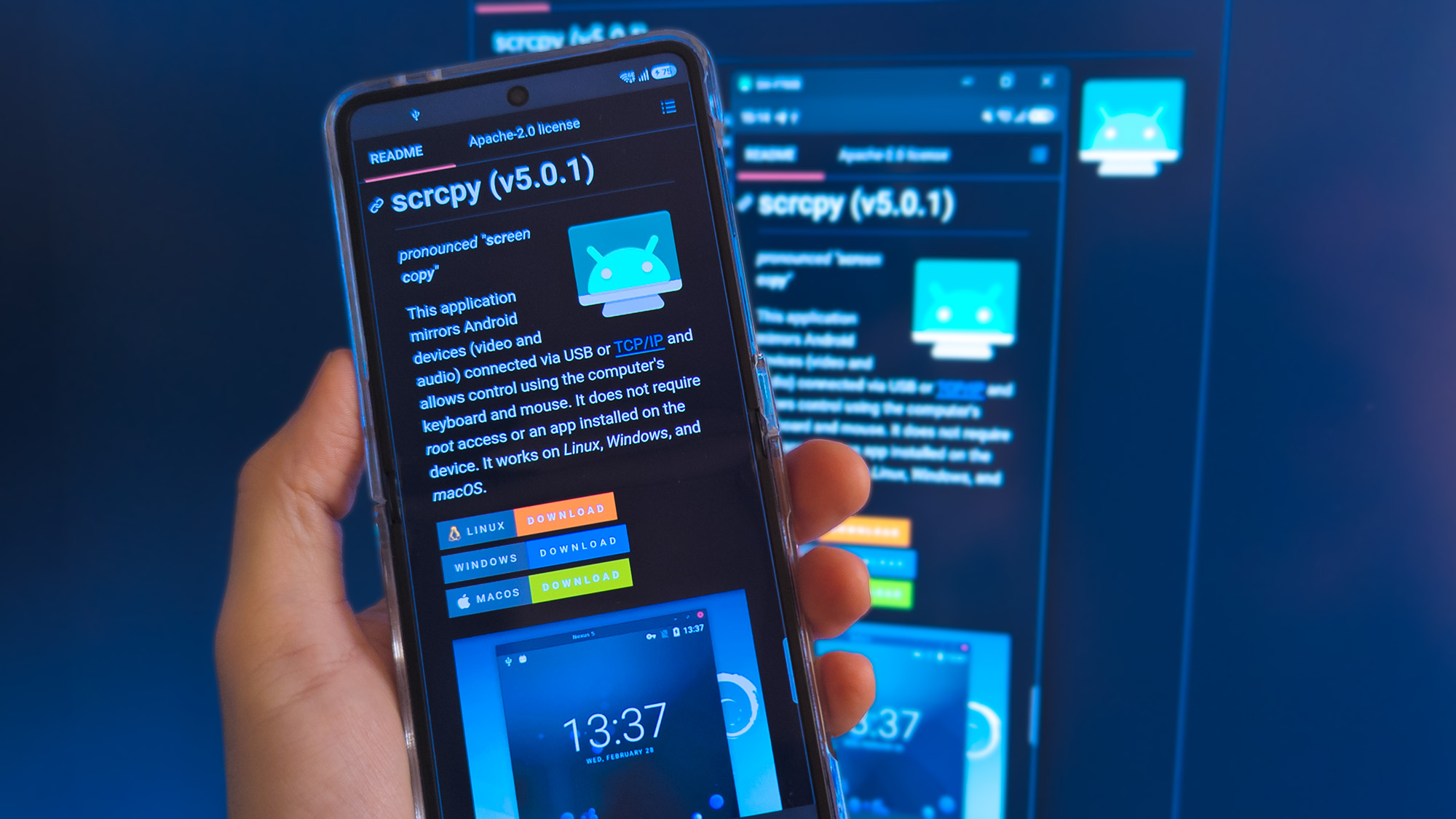 scrcpy shown on GitHub via a Samsung Galaxy Z Flip 7 smartphone and a desktop browser window