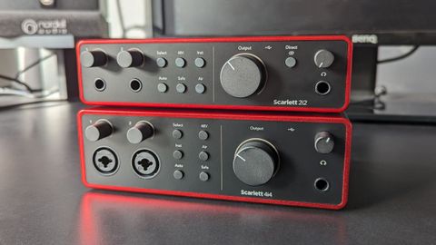Two Scarlett Focusrite 4th Gen audio interfaces stacked on top of one another