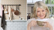 Cottage kitchen pot rack next to portrait of Martha Stewart