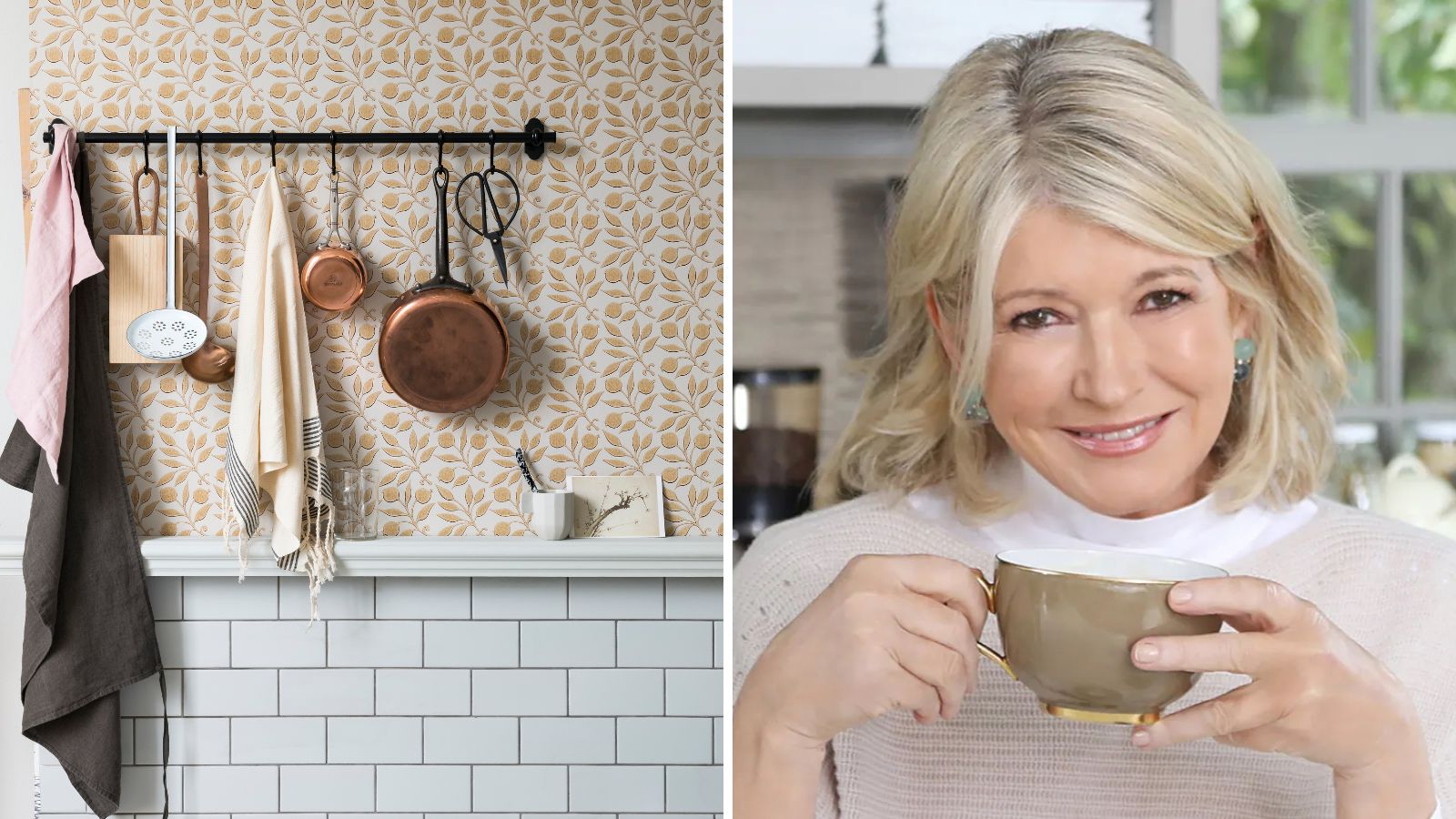 Cottage kitchen pot rack next to portrait of Martha Stewart