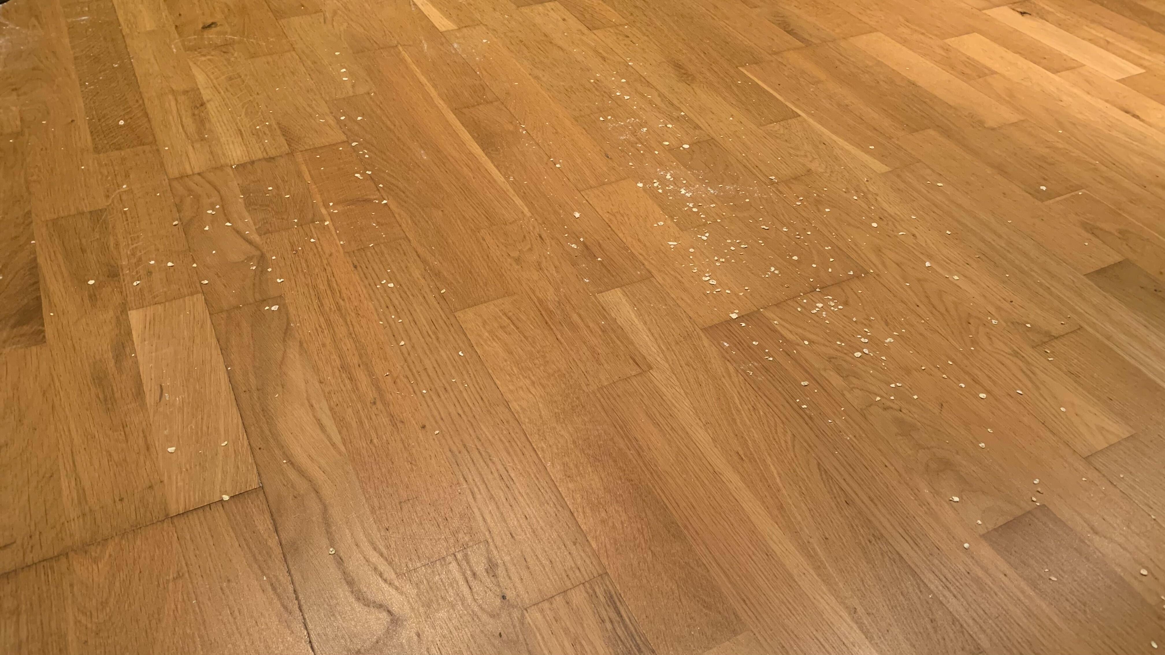 The floor with scattered oats and flour after the iRobot Roomba Combo j7+ cleaned up a heavy spill
