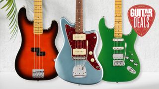 Three Fender guitars on a white background