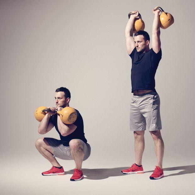Man demonstrates two positions of the thruster using two kettlebells