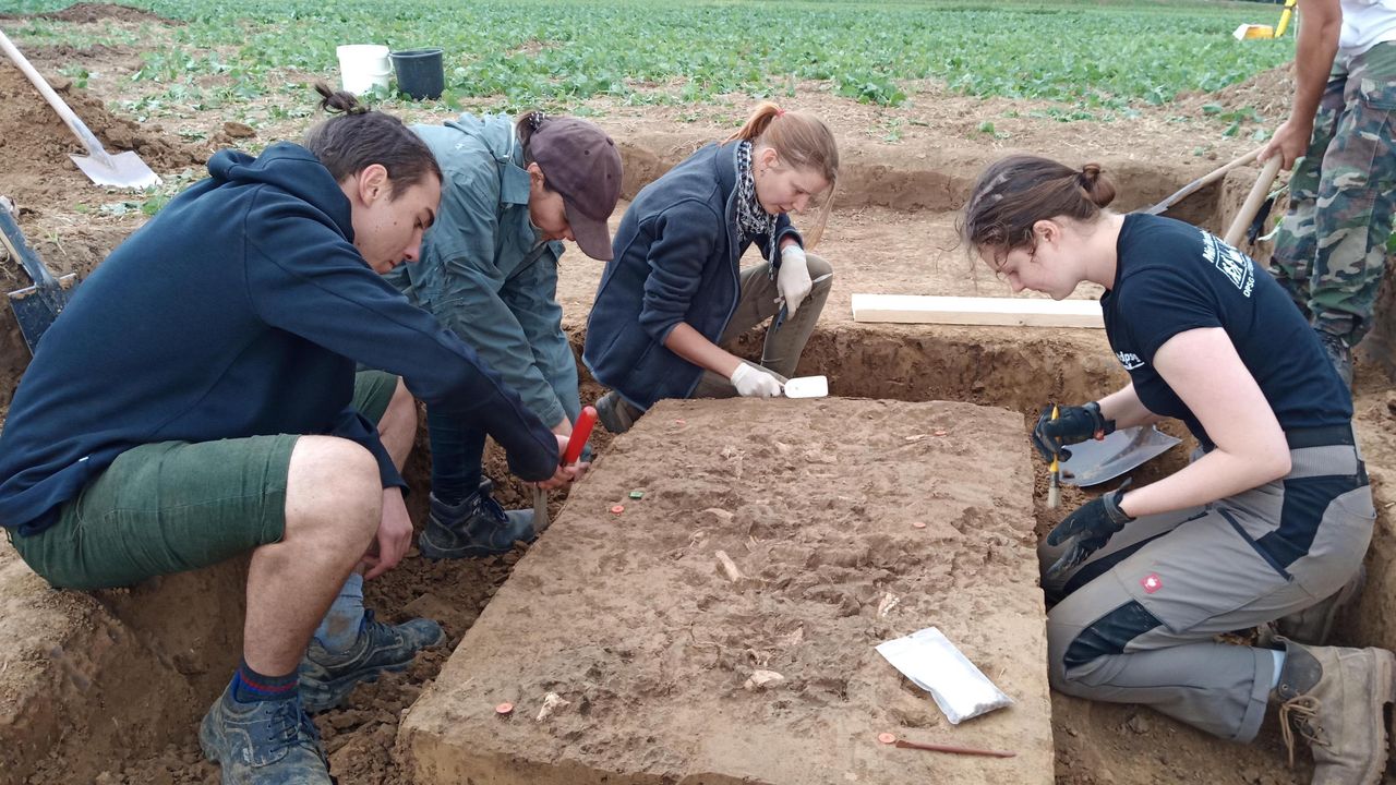 Students from the Institute of Prehistory and Medieval Archaeology of the University of T&uuml;bingen are shown here excavating the grave.
