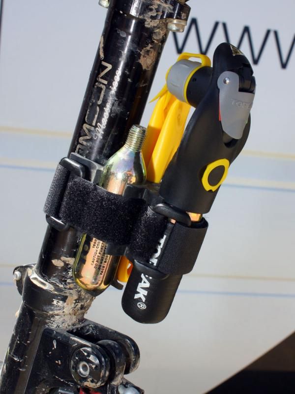 Topeak's new CO2-Bra (say 'cobra') packages all the essentials for tire removal and reinflation in a compact package. And yes, there's a forked tongue valve cover.