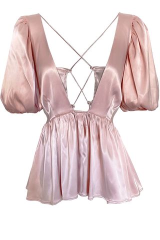 pink silk blouse with puffy sleeves
