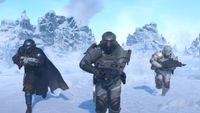 Three Helldivers run towards the camera in a snowy landscape.