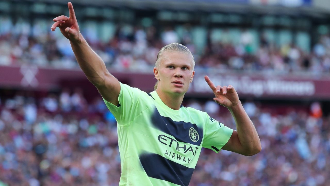 Erling Haaland scored both goals on his Premier League debut for Manchester City 