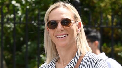 Zara Tindall attends day ten of the Wimbledon Tennis Championships at the All England Lawn Tennis and Croquet Club on July 12, 2023
