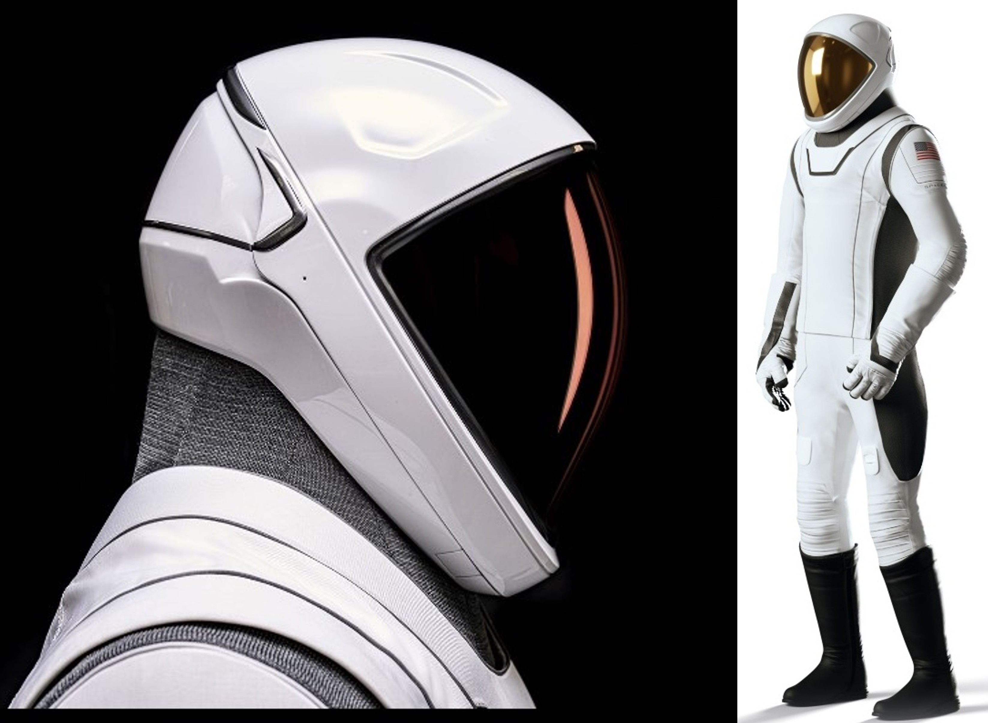 On the left, a bust profile view of a white space suite facing right.  On the right, in a thinner section of the image, that full spacesuit, looking to the left.  The white is accented with dark gray sections, black boots and a copper gold visor.