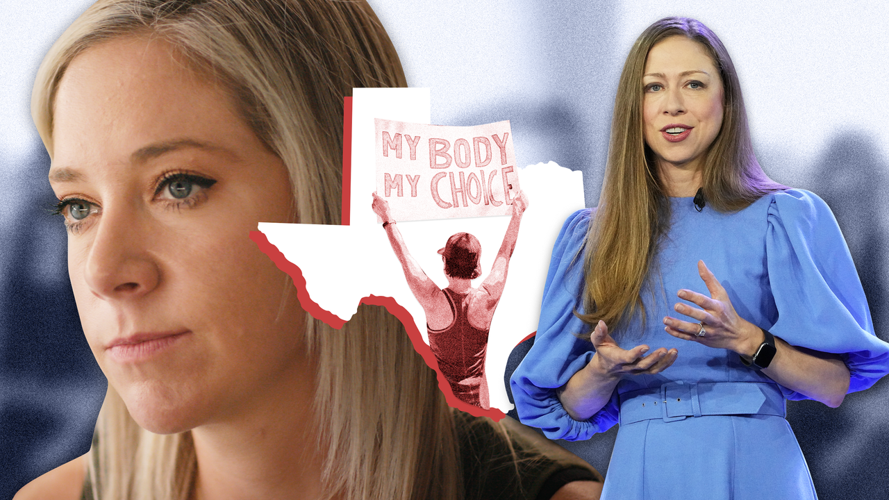 a collage of stills from the documentary zurawski v texas featuring amanda zurawski chelsea clinton and the state of texas with a my body my choice sign over it