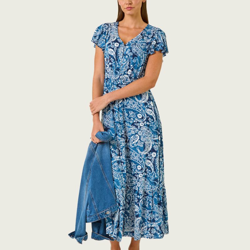 Roman Paisley Print Crinkle Maxi Dress