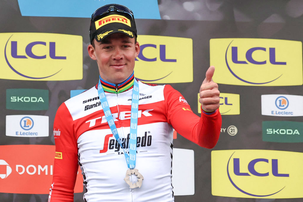Stage winner TrekSegafredos Danish rider Mads Pedersen gestures as he celebrates on the podium after winning the 2nd stage of the 81st Paris Nice cycling race 164 km between Bazainville and Fontainebleau on March 6 2023 Photo by ANNECHRISTINE POUJOULAT AFP Photo by ANNECHRISTINE POUJOULATAFP via Getty Images