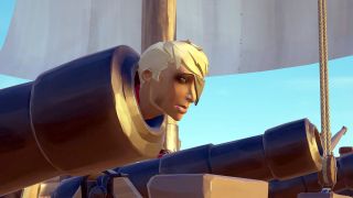 A Sea of Thieves pirate prepares to be shot out of a cannon.