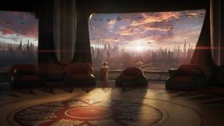 Yoda stands in an empty Jedi Council room looking out the window