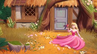 Aurora with a sun bird in front of a cottage in Disney Dreamlight Valley