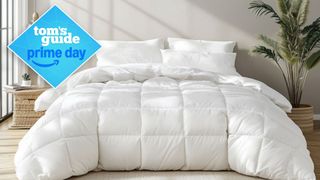 The Beautyrest Down Comforter on a bed in a bright bedroom and a Tom's Guide Prime Day deals badge on it